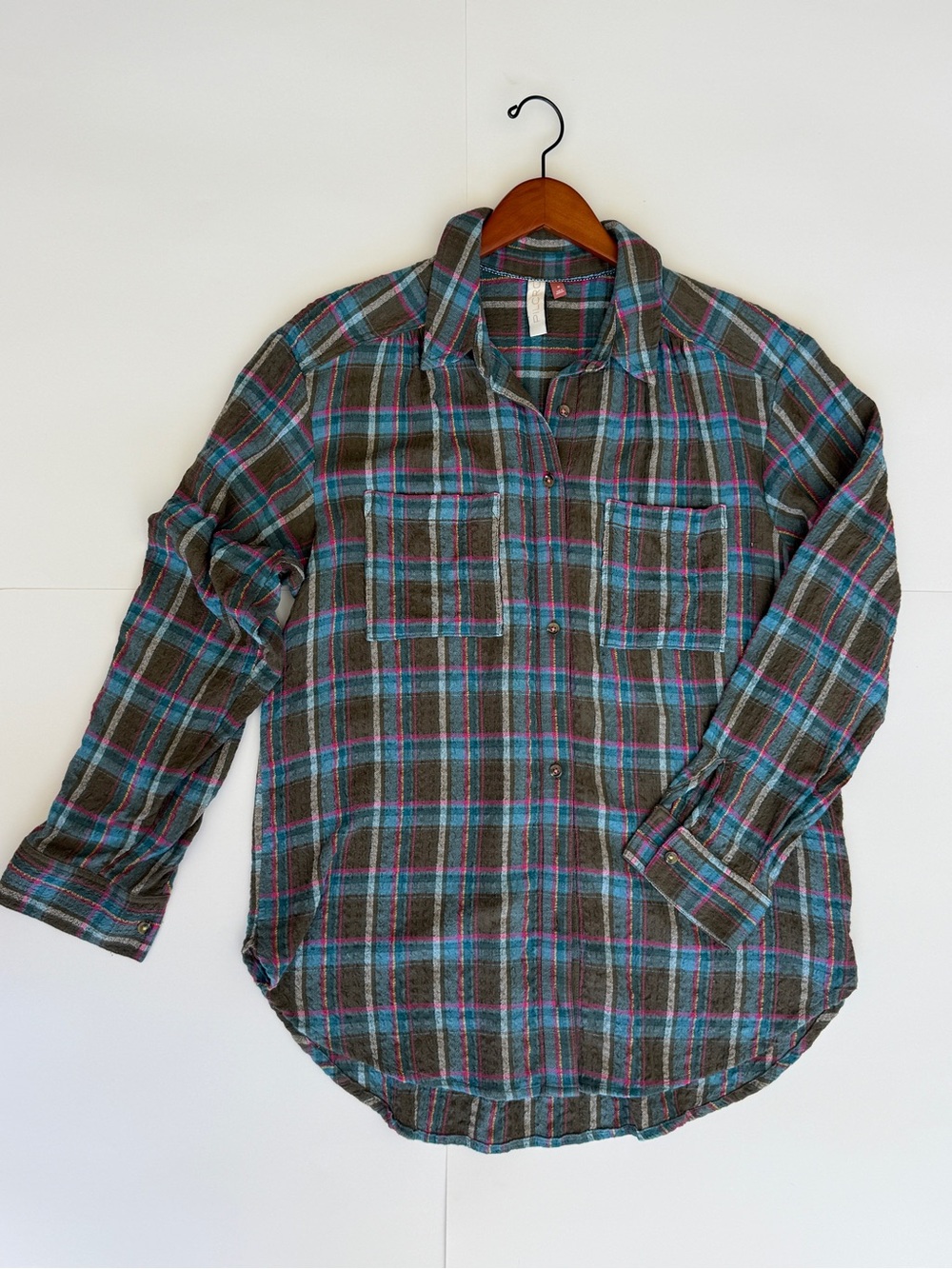 Anthropologie Pilcro Plaid Buttondown Tunic Top Olive Pink Blue Size M